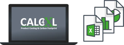Bild eines Laptops mit dem CALC4XL-Logo auf dem Bildschirm und den Symbolen einer Excel-Tabelle, eines Diagramms und eines Kreisdiagramms.
